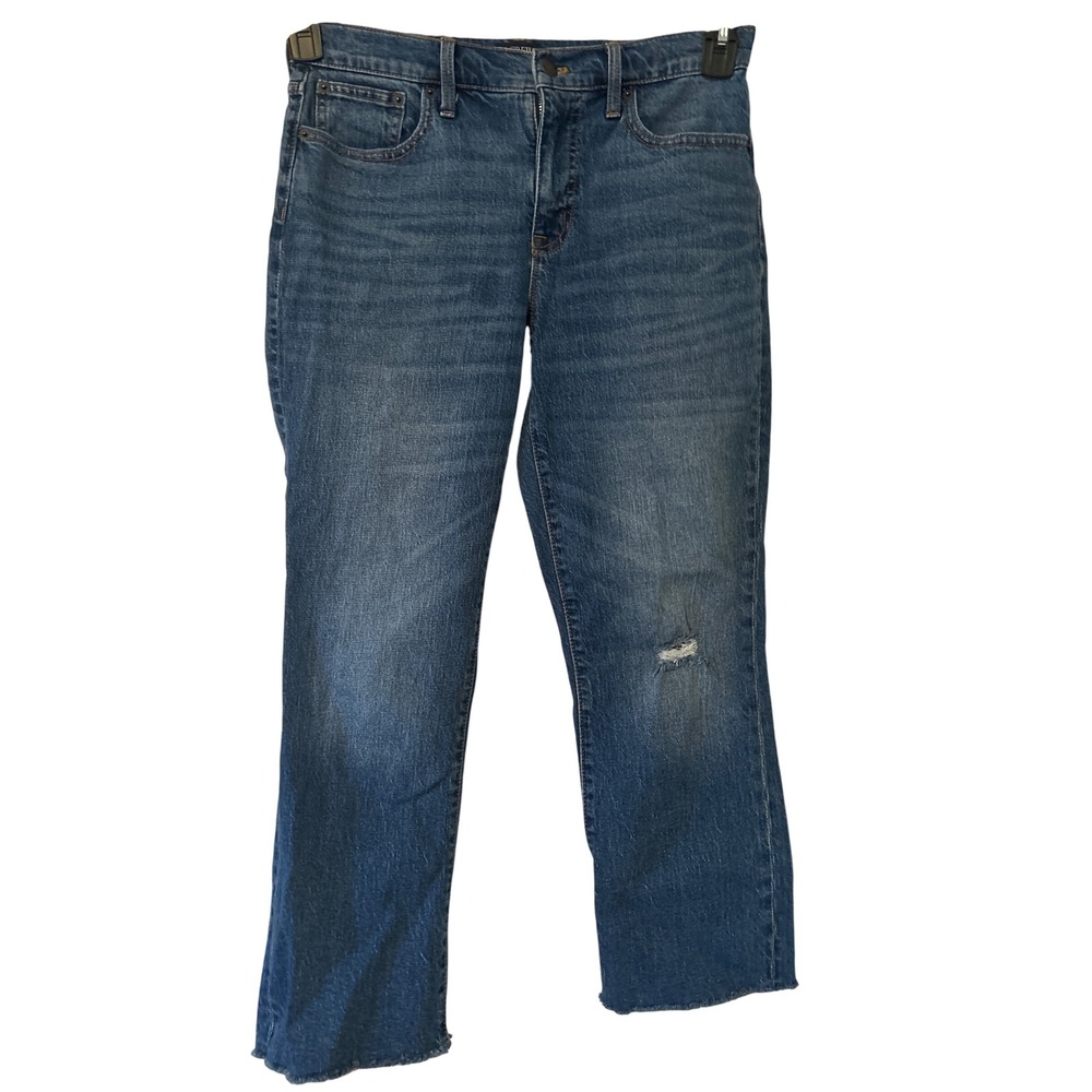 J Crew Mid Rise Flare Crop Jeans Blue Denim Distressed Size 28